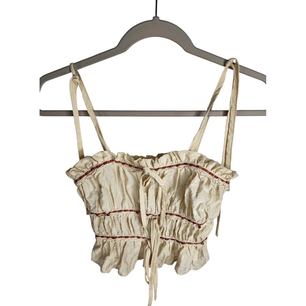 Thirty/Thirty LA Crop Top Women XS Cream Ruffle Smocked Tie Strap Boho 1DGPCZ760